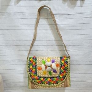 HANDMADE STRAW SHOULDER BAG, REAL SHELLS & EMBROIDERED COLORED STRAW DETAILS